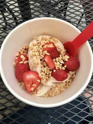 Silk non-dairy vanilla with strawberries and peanuts at Swirls Frozen Yogurt in Parker