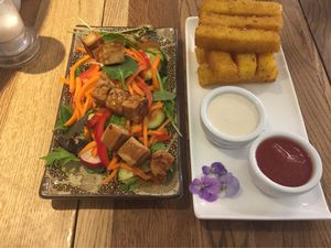Marinated tempeh and polenta fries (both starters) at The Lotus-Heart Restaurant in Christchurch