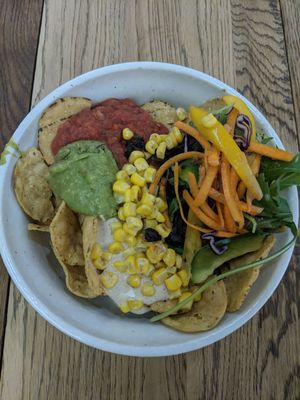 Chipotle Burrito Bowl with corn chips at The Lotus-Heart Restaurant in Christchurch