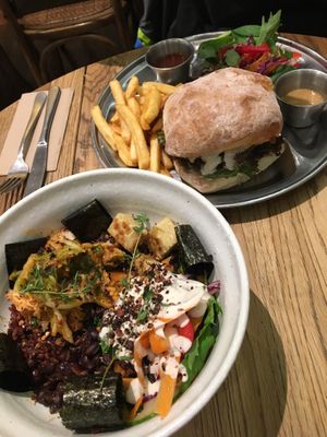 Sun burger and Macrobiotic bowl at The Lotus-Heart Restaurant in Christchurch