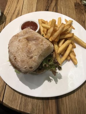 Sun burger and fries (vegan) + best tomato sauce 🤤 at The Lotus-Heart Restaurant in Christchurch