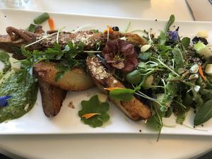 Chick’n (made with banana blossom) with wedges and salad at The Lotus-Heart Restaurant in Christchurch