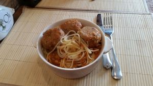 Soya &lentils vegan meatballs on rice noodles at Oli Veggie Food in Punta Del Este