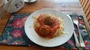 Meatballs and spaghetti at Oli Veggie Food in Punta Del Este