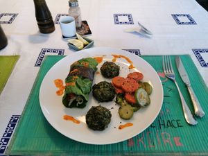 Rollitos raw de acelga y alga nori, bunuelos de verduras AL horno con verduras glaseadas, loyonesa raw de morron at Oli Veggie Food in Punta Del Este