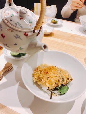 Pour tea into the dish which is called ochazuke. at Tsunahachi in Tokyo