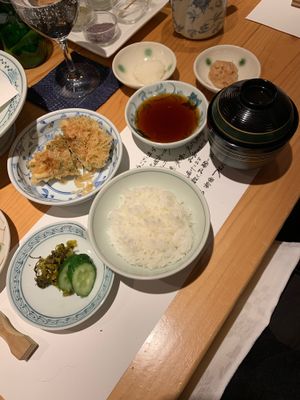 Tempura eggplant with a side of rice and miso  at Tsunahachi in Tokyo