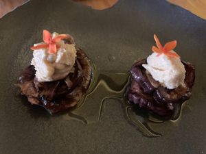 Eggplant with hummus appetizer, given to us on the house at Zaitun in Cartagena