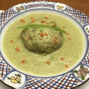 Japanese pumpkin manju dumpling in an edamame based soup at Asai Togei in Osaka