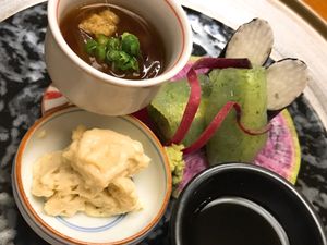 Vegan sashimi - Yuba, Aloe with ponzu, konyaku wrapped avocado and nori wrapped nagaimo at Asai Togei in Osaka