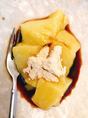 Sweet potato warabi mochi for dessert at Asai Togei in Osaka