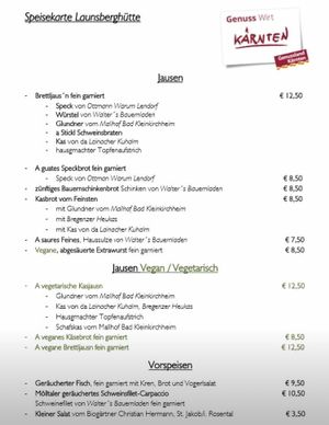 menu  at Launsberghütte in Obervellach