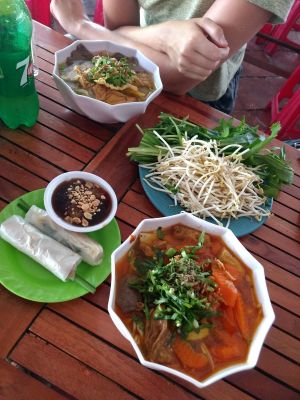 Soups and springrolls  at Com Chay Cuong in Can Tho