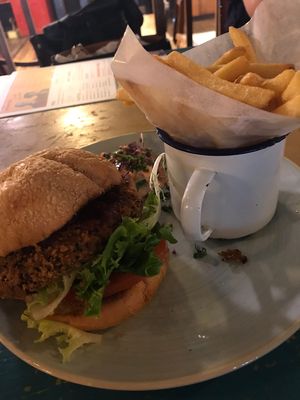  Vegan Pulled Jackfruit Burger and chips  at Lounges - Alcampo Lounge in Brighton
