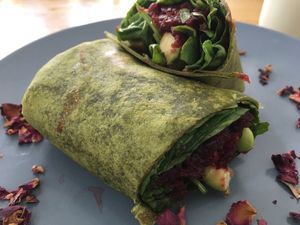 Beetroot, spinach, edamame & avocado wrap  at Healthy Prep Kitchen in Morpeth