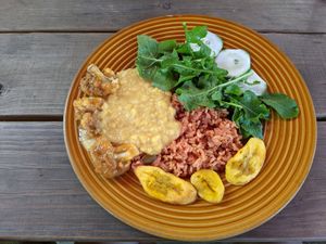 Brown rice with beets, lentil sauce, cauliflower wings with mango BBQ sauce, fried plantains, side salad at Freedom Fighters Ital Shack in Philipsburg