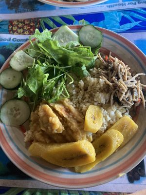 Spelt Couscous, Split Peas, Veggie Spaghetti, Boil Plantain, Salad  at Freedom Fighters Ital Shack in Philipsburg