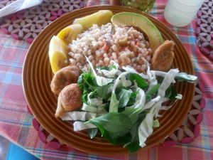 plantains, quinoa,  bean stew & salad at Freedom Fighters Ital Shack in Philipsburg