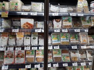 selection of vegan/vegetarian products in fridge at Carrefour Bio in Barcelona