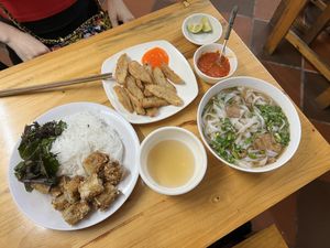 Fried spring rolls, vegan chicken, pho  at Com Pho Chay Tu Bi in Hanoi