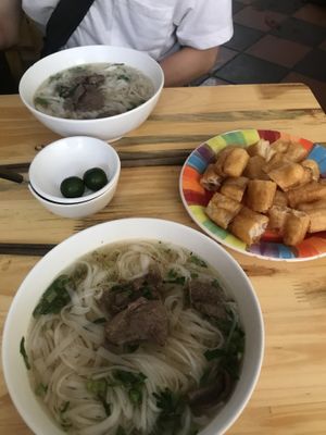 Mock beef pho and banh quay.  at Com Pho Chay Tu Bi in Hanoi