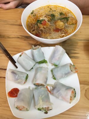 Bun vegan noodles soup (25,000VND) and spring rolls  at Com Pho Chay Tu Bi in Hanoi