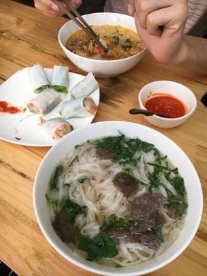 In the front: Pho vegan noodles soup (25,000VND)  at Com Pho Chay Tu Bi in Hanoi