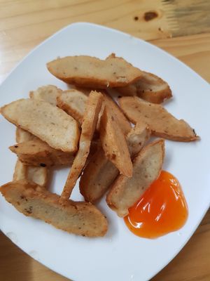 vegan fried sausages at Com Pho Chay Tu Bi in Hanoi