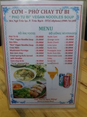 Menu at Com Pho Chay Tu Bi in Hanoi