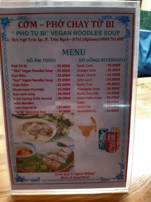 Menu table at Com Pho Chay Tu Bi in Hanoi