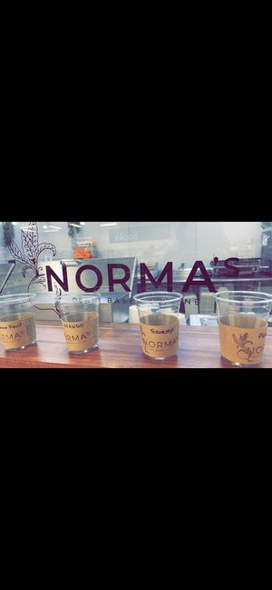 Fruit juice serving cups- front line view at Norma's Plant Based Cuisine in Altamonte Springs