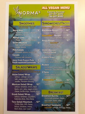 Menu at Norma's Plant Based Cuisine in Altamonte Springs