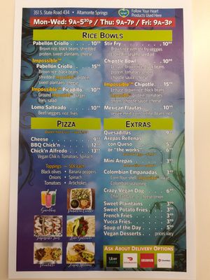 Menu side 2 at Norma's Plant Based Cuisine in Altamonte Springs