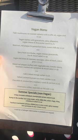 Vegan menu at The Cricketers in Woking