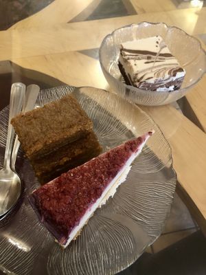 Top right: White/dark choc mousse, berry cheesecake, sticky ginger cake  at Green Cuisine Vegetarian Restaurant in Victoria