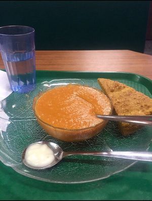 Green Cuisine Vegan Daily Soup Feature (Chickpea Roasted Red Pepper Bisque) and Cornbread with vegan butter - about $5 at Green Cuisine Vegetarian Restaurant in Victoria