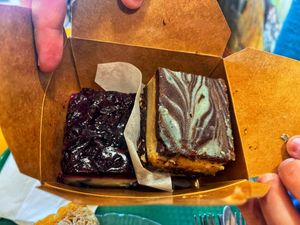 Mint Nanaimo bars and blueberry compote bar - so good!!  at Green Cuisine Vegetarian Restaurant in Victoria