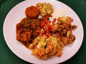 Tempeh, falafel, lentils, baba ganoush, aioli, pico de gallo, 2 different salads at Green Cuisine Vegetarian Restaurant in Victoria