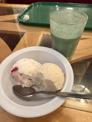 Excalibur smoothie and vegan gelatoo  at Green Cuisine Vegetarian Restaurant in Victoria