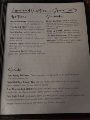 Vegan options are listed as VG or VGR. at Sage on Laurel in Brainerd