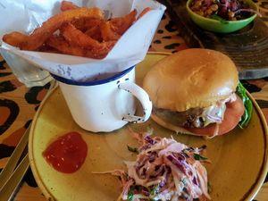 Vegan burger with sweet potato fries at Lounges - Croeso Lounge in Mumbles