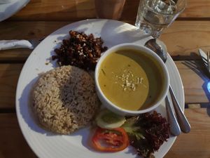 Sweet and spicy tempeh with vegetable curry at Bean Me Up in Goa