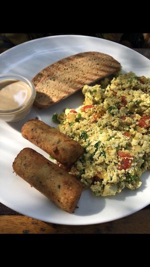 One of the continental breakfast options (or regular breakfast options) when you stay at Bean Me Up.   Tofu scramble, tofu sausage, bread and peanut butter.  Delicious!   at Bean Me Up in Goa