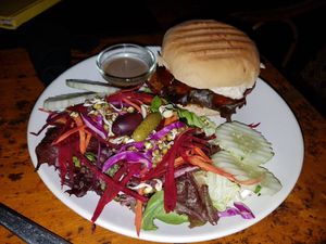 Beans BBQ burger. Medium size nice burger with some extra vagetables, the bread is very good and the overall taste is great. Very good 8/10 at Bean Me Up in Goa