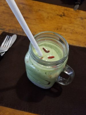 Superfood smoothie with chia at the bottom and goji berries on top. Very yummy! at Bean Me Up in Goa