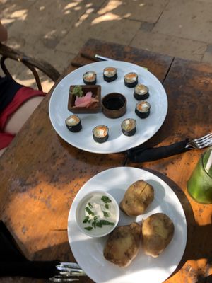 Sushi and baked potatoes  at Bean Me Up in Goa