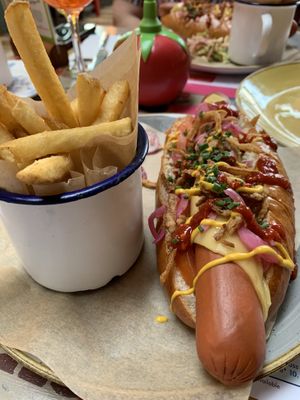 Moving mountains hot dog at Racconto Lounge  in Bury