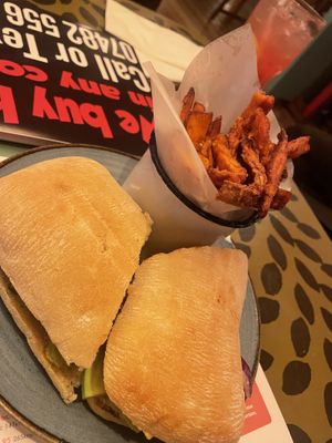 Falafel & Hummus Ciabatta with sweet potato fries   at Racconto Lounge  in Bury