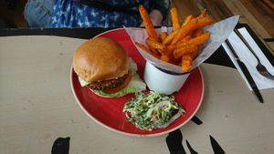 Beyond burger with sweet potato fries at Racconto Lounge  in Bury
