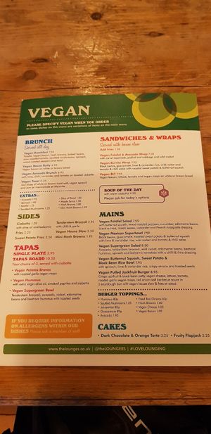 Vegan options as at December 2018 at Unico Lounge  in Wilmslow
